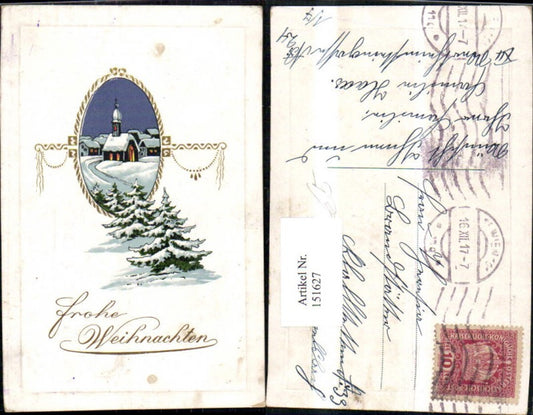 151627, Christmas Winter Village Church in a frame with fir trees and gold decoration
