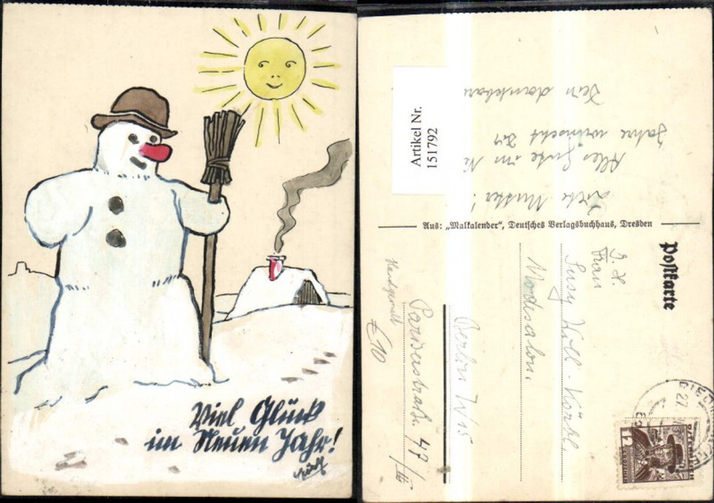 151792,Neujahr Handgemalt Schneemann Besen Sonne Haus