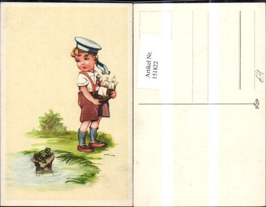 151822,Bub Junge m. Schiff a. Teich m. Frosch Matrosenhut