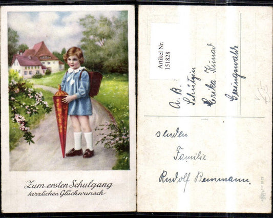 151828,Schulanfang-Einschulung Mädchen auf Weg m. Schultüte Schultasche pub Erika 2825