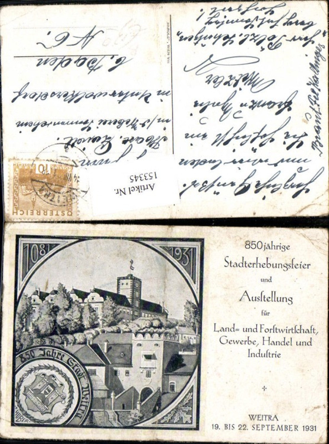 153345,Weitra Jubiläumskarte 850 Jahre Stadterhebung 1931