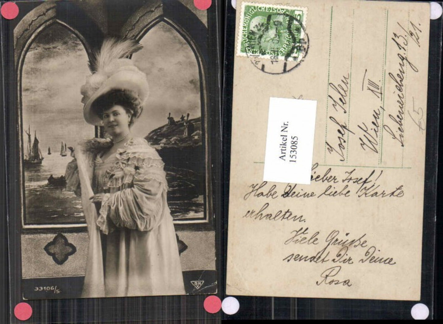 153085,Schöne Frau m. Hut Hutmode Kleid Federhut