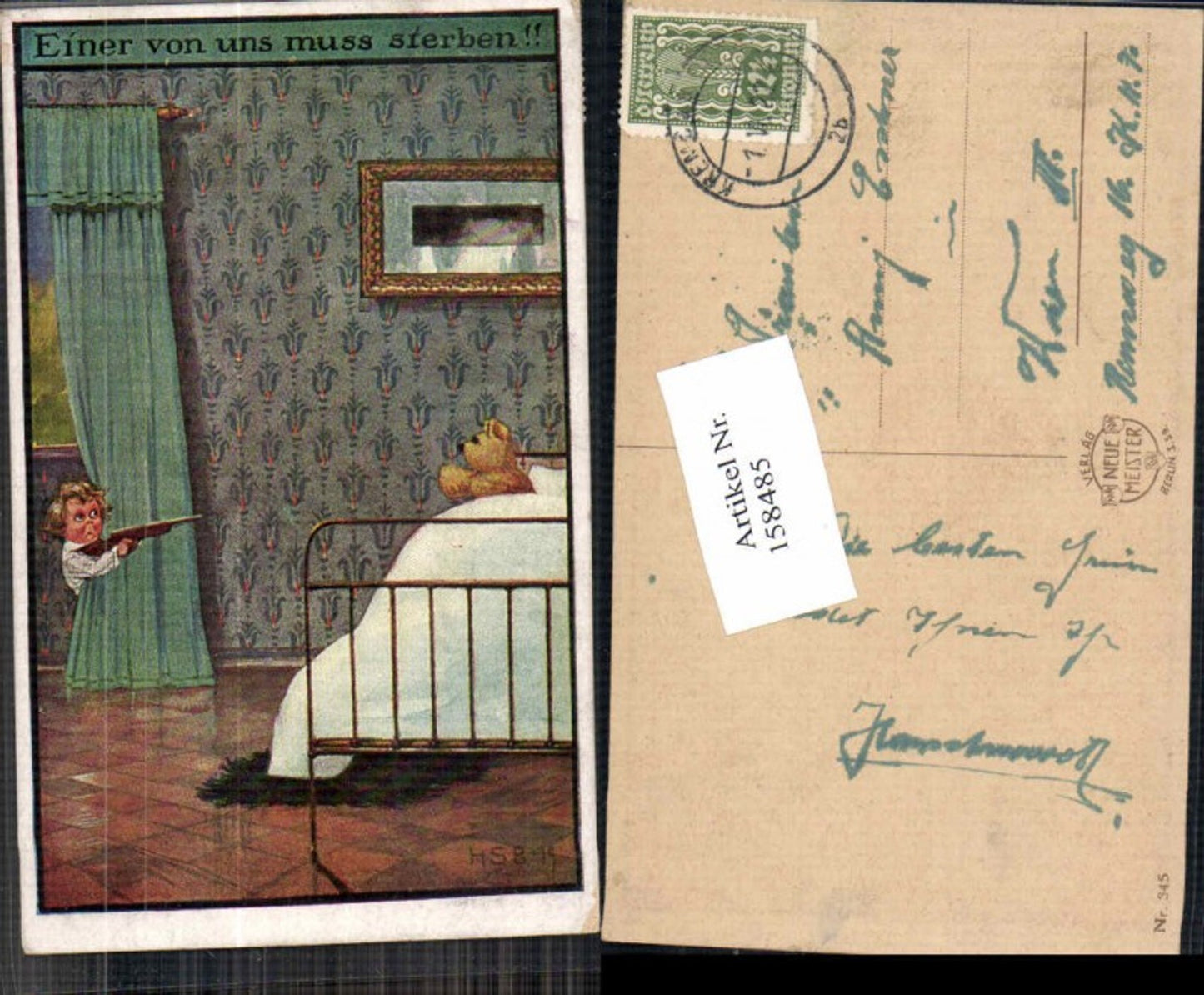 158485,Teddy Teddybär im Bett Kind zielt mit Gewehr einer von uns muss sterben HSB sign