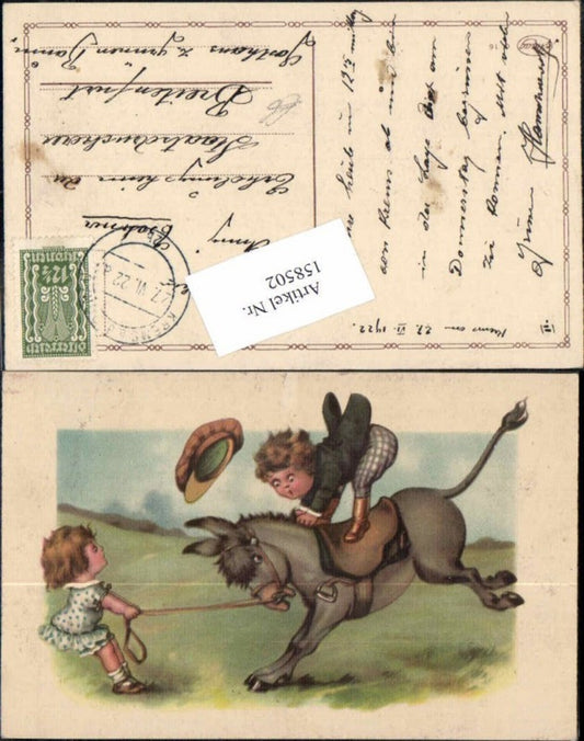 158502,Mädchen zieht Esel Junge wird abgeworfen Humor Scherzkarte
