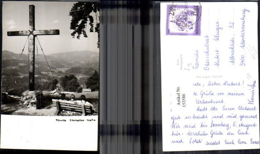 153586,Türnitz Eibelspitze Ansicht Gipfelkreuz Bank m. Personen 1975