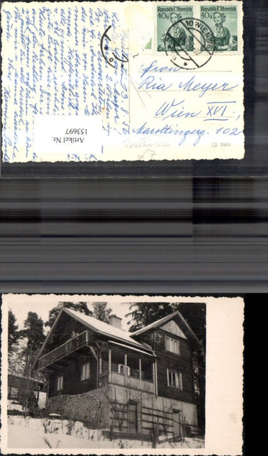 153697,Foto Ak Breitenstein Winteransicht Haus m. Frau a. Balkon 1956