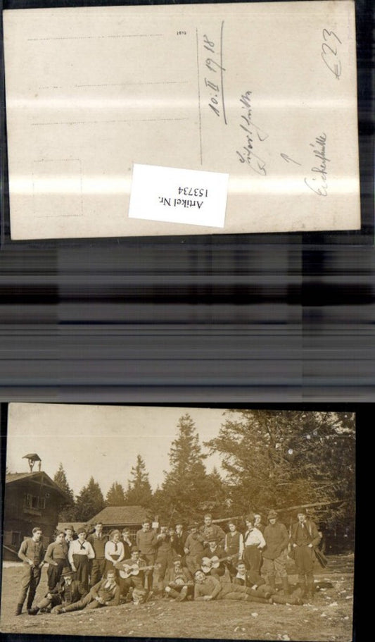 153734,Foto Ak Eicherthütte Hohe Wand Stollhof 1918 Gruppenfoto m. Instrumente Jäger Gewehr Geiger Gitarre