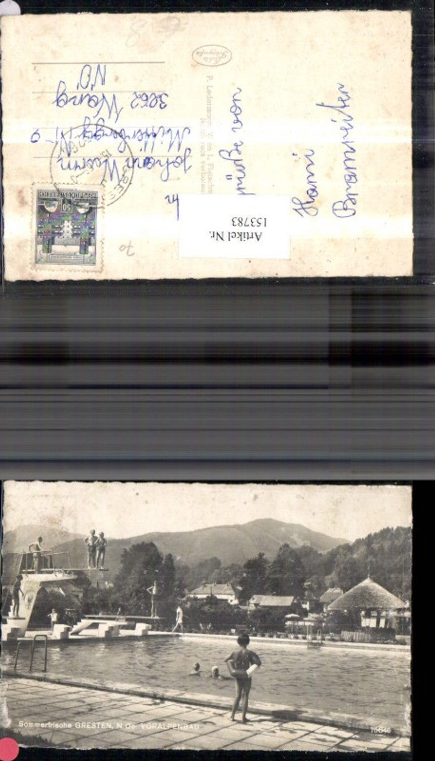 153783,Gresten Ansicht Schwimmbad m. Badegäste Schwimmer Sprungturm 1965