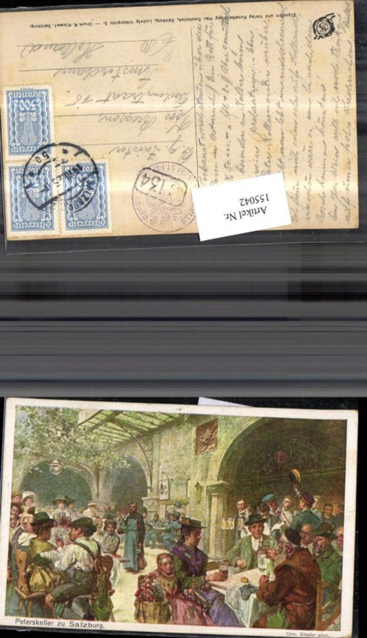 155042, Salzburg Peterskeller 1923 View with people Beer garden sign Com. Ethofer
