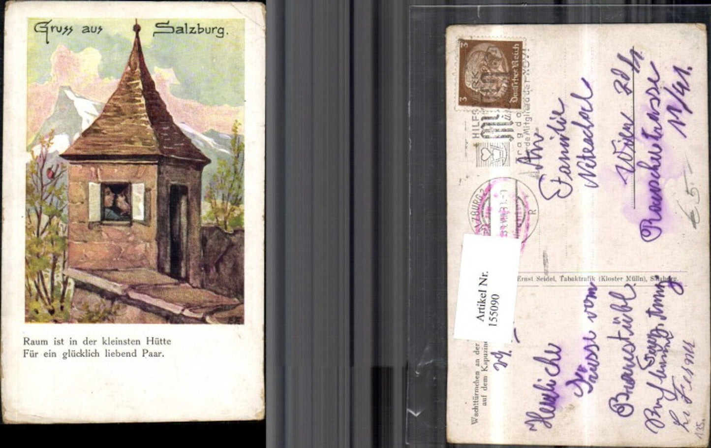 155090,Salzburg Künstler Ak m. Spruch Wachttürmchen a. d. Stadtmauer a. d. Kapuzinerberg 1933