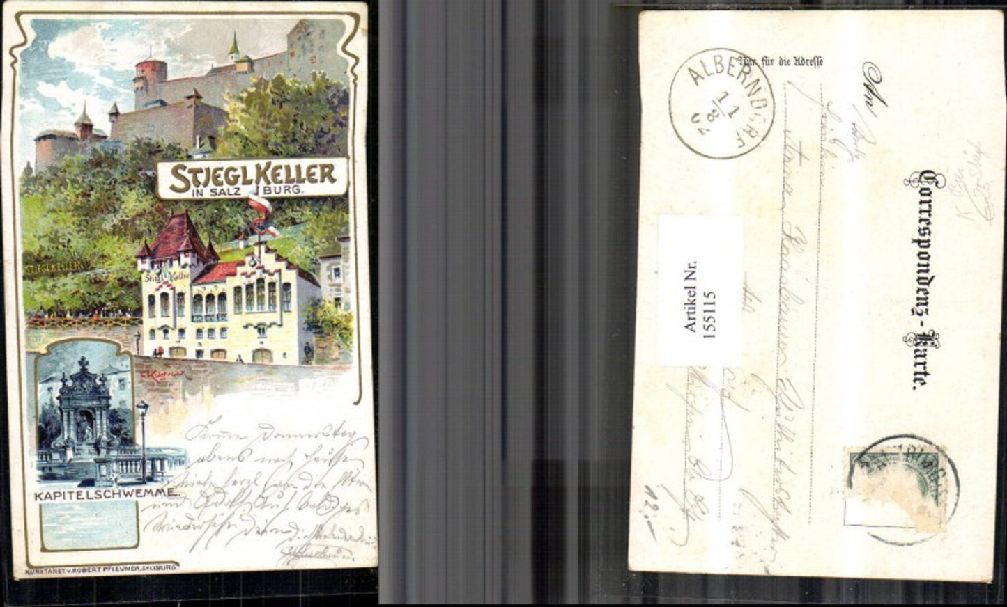 155115, Salzburg Lithograph Stieglkeller Capital Flood Stieglkeller Beer Gold Ornament Sign Cult Drink 1902
