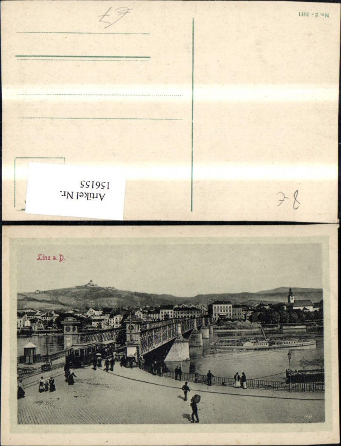 156155,Linz Ansicht Brücke m. Personen Schiff Dampfer Strassenbahn