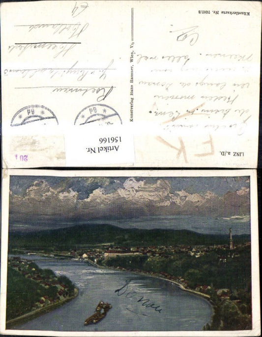 156166,Linz Ansicht Donau m. Schiff Dampfer Künstler Ak