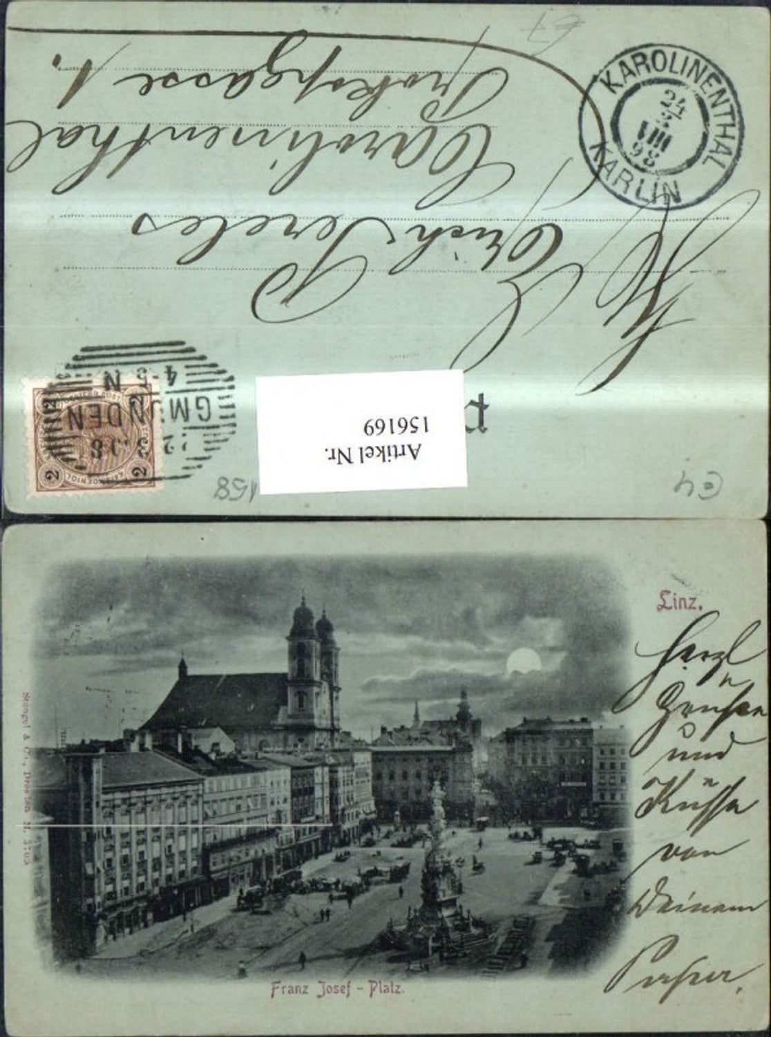156169,Linz Franz Josef Platz Hauptplatz Ansicht Säule Strassenbahn Kutsche Personen b. Mondschein 1898