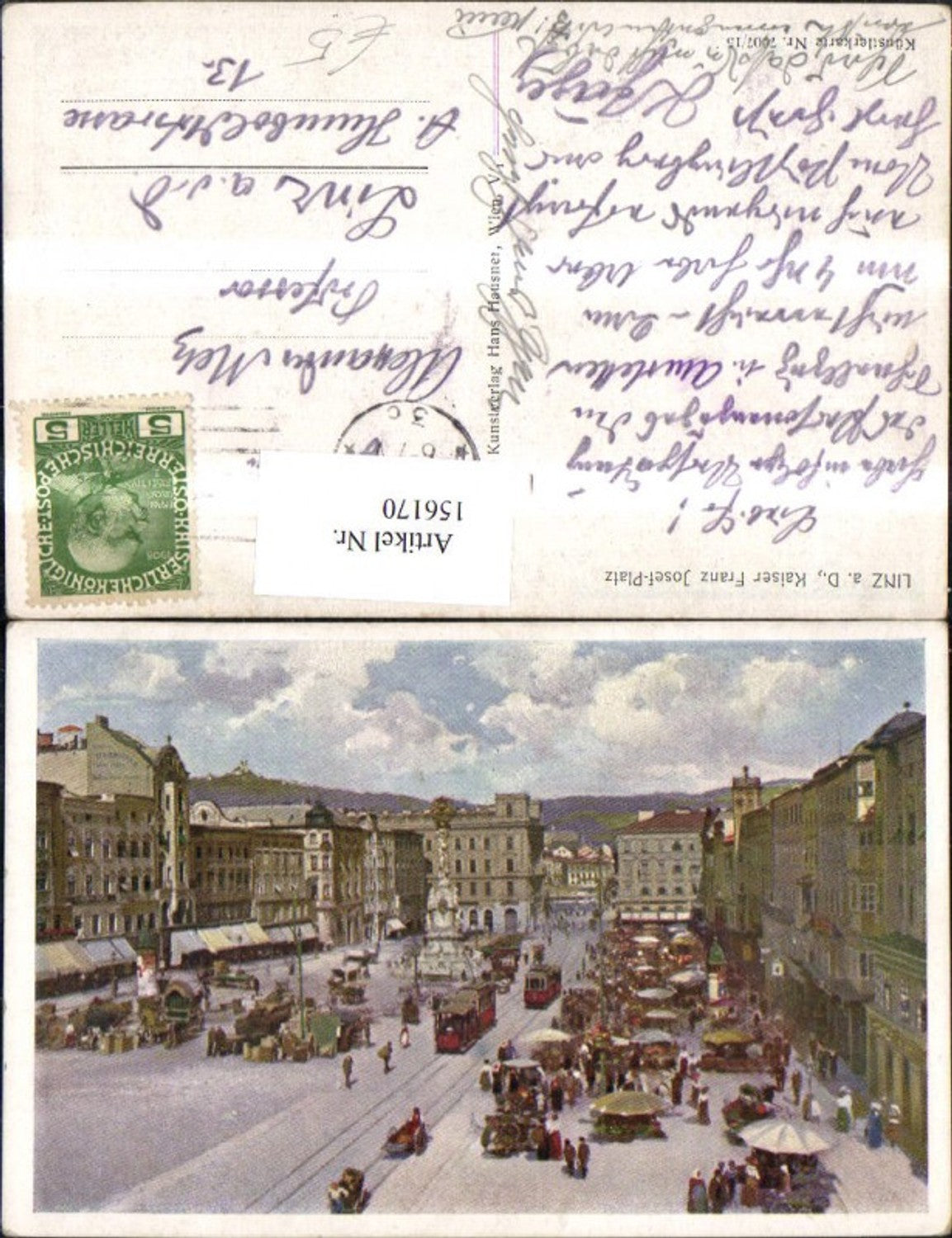 156170,Linz Franz Josef Platz Hauptplatz Ansicht Säule Strassenbahn Kutsche Personen