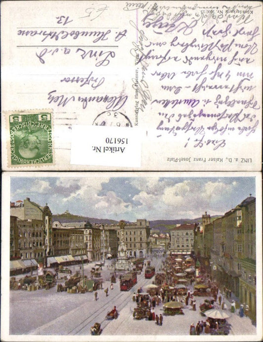 156170,Linz Franz Josef Platz Hauptplatz Ansicht Säule Strassenbahn Kutsche Personen