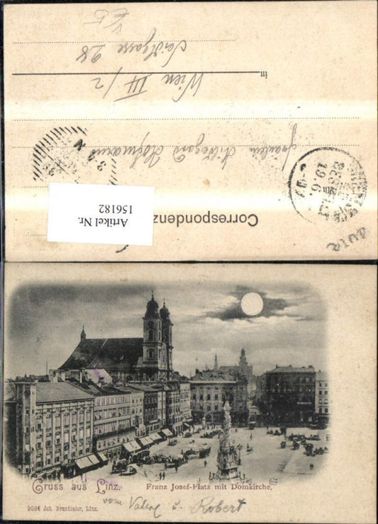 156182,Linz Franz Josef Platz Hauptplatz m. Domkirche Säule Strassenbahn Kutsche Personen b. Mondschein pub Joh Bruntha