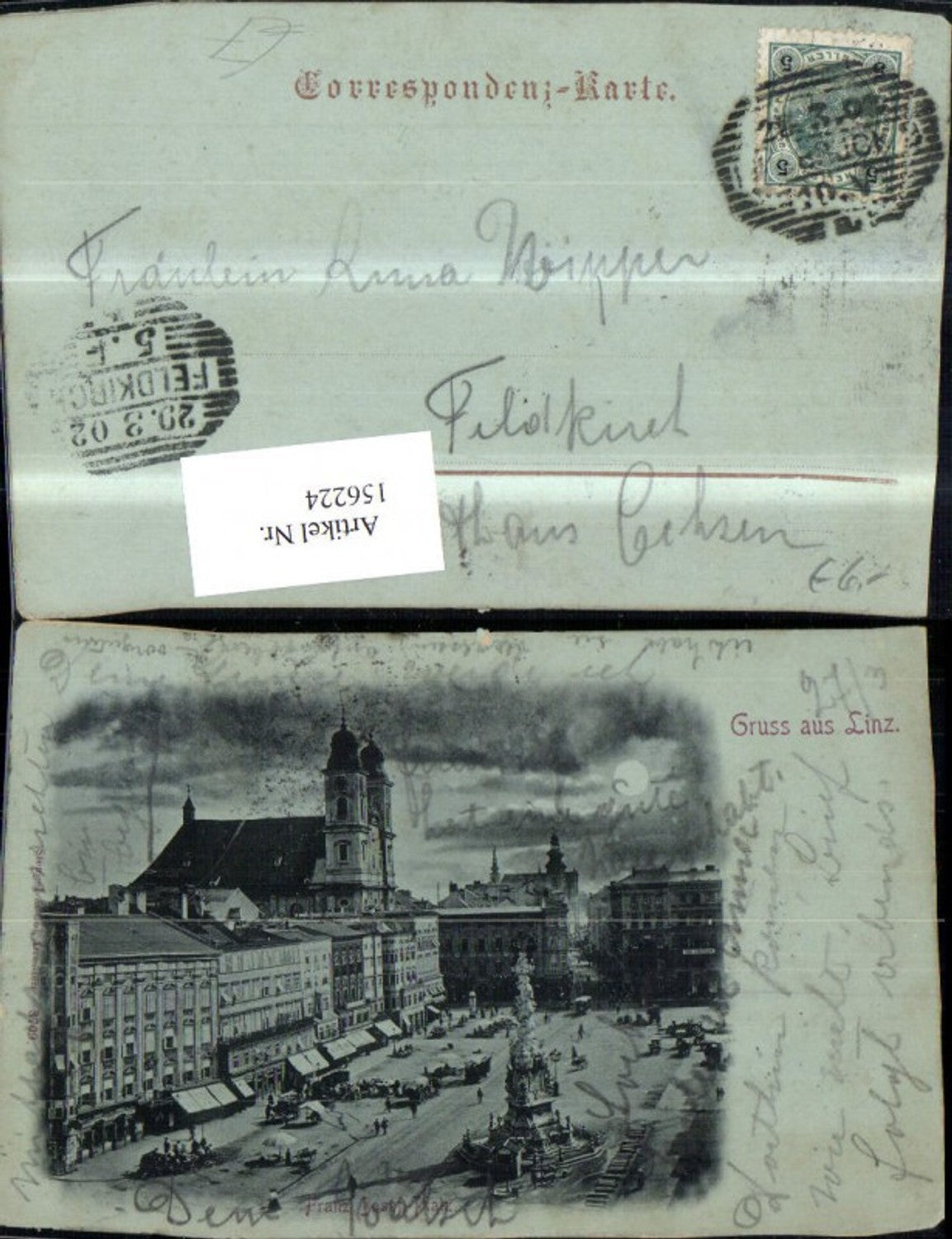 156224,Linz Franz Josef Platz Hauptplatz Ansicht Säule Strassenbahn Kutsche Personen b. Mondschein 1902