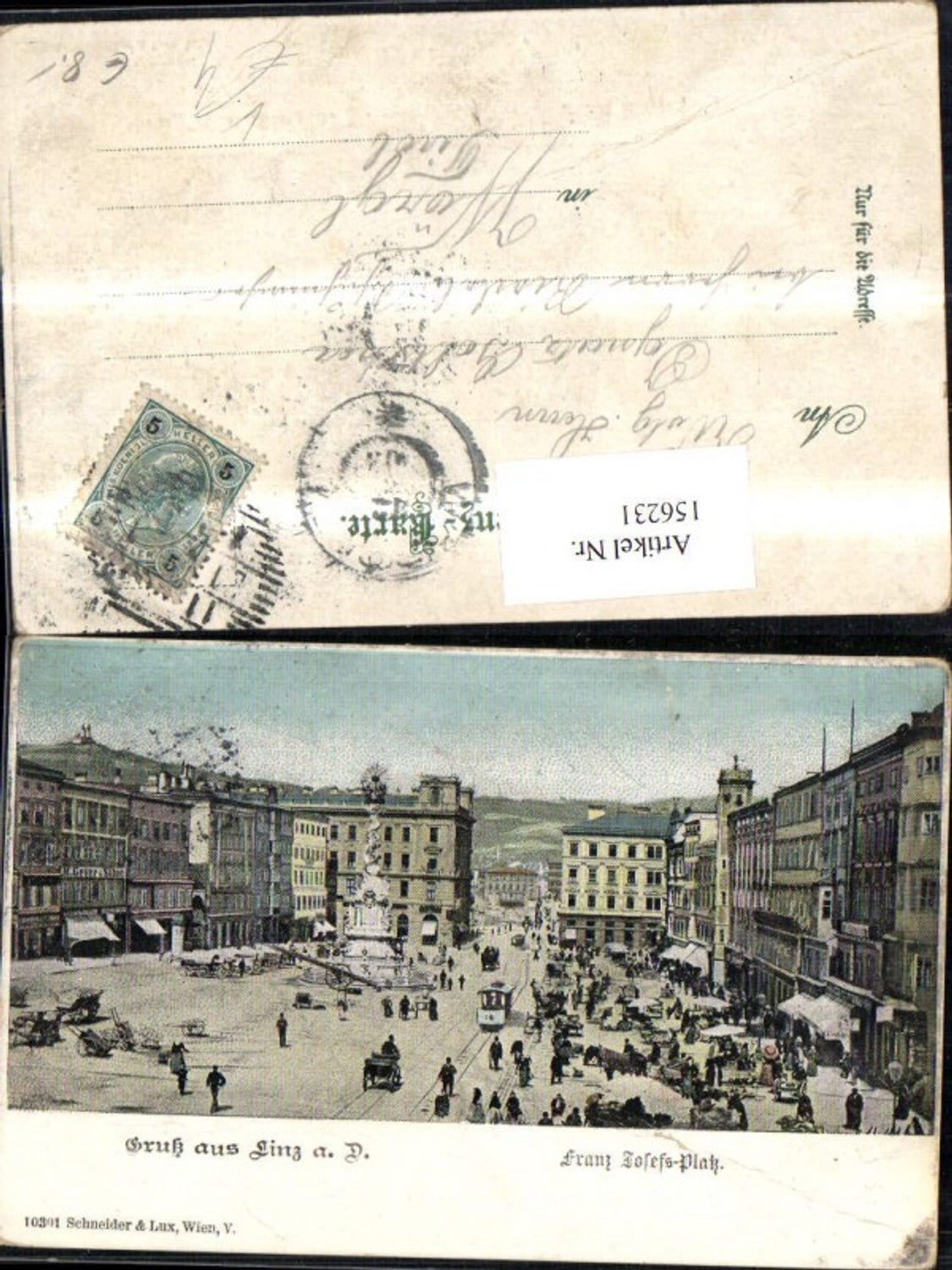 156231,Linz Franz Josef Platz Hauptplatz Ansicht Säule Strassenbahn Kutsche Personen pub Schneider Lux