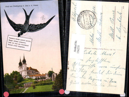 156275,Linz Pöstlingberg Fotomontage m. Schwalbe m. Spruch 1940