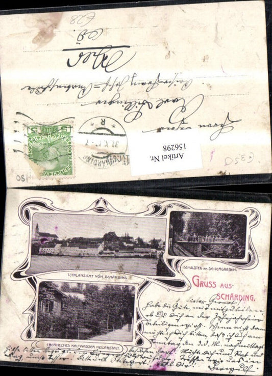 156298,Schärding Litho Totalansicht Schulsteg a. Seilergraben Ebenhechts Kaltwasser Heilanstalt 1912