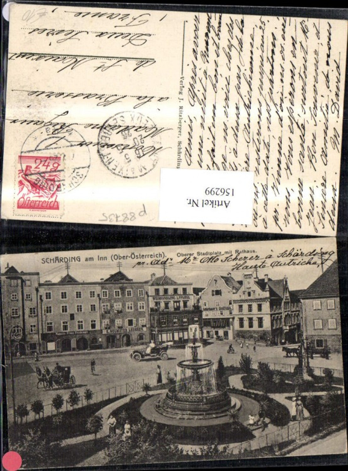156299,Schärding Oberer Stadtplatz m. Rathaus Brunnen Automobil Kutsche u. Personen 926