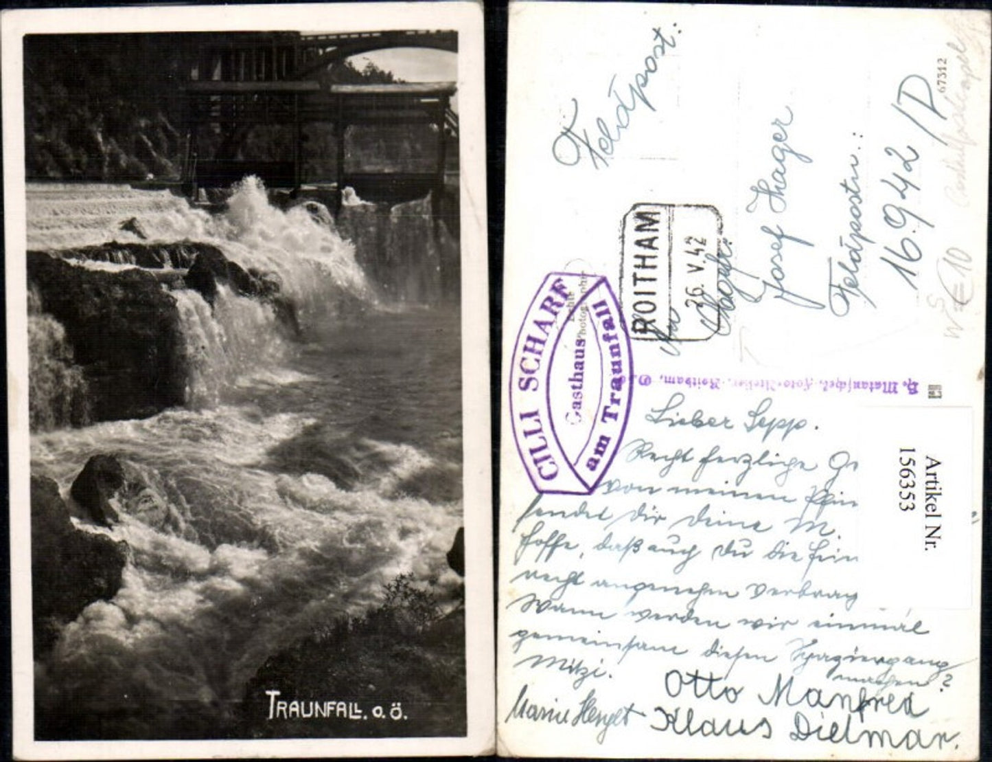 156353,Traunfall Wasserfall Wehr Steyrermühl Roitham 1942 Posthilfsstempel Roitham