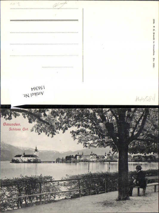 156364,Gmunden Schloss Ort Orth Ansicht Weg Bank m. Mann Baum