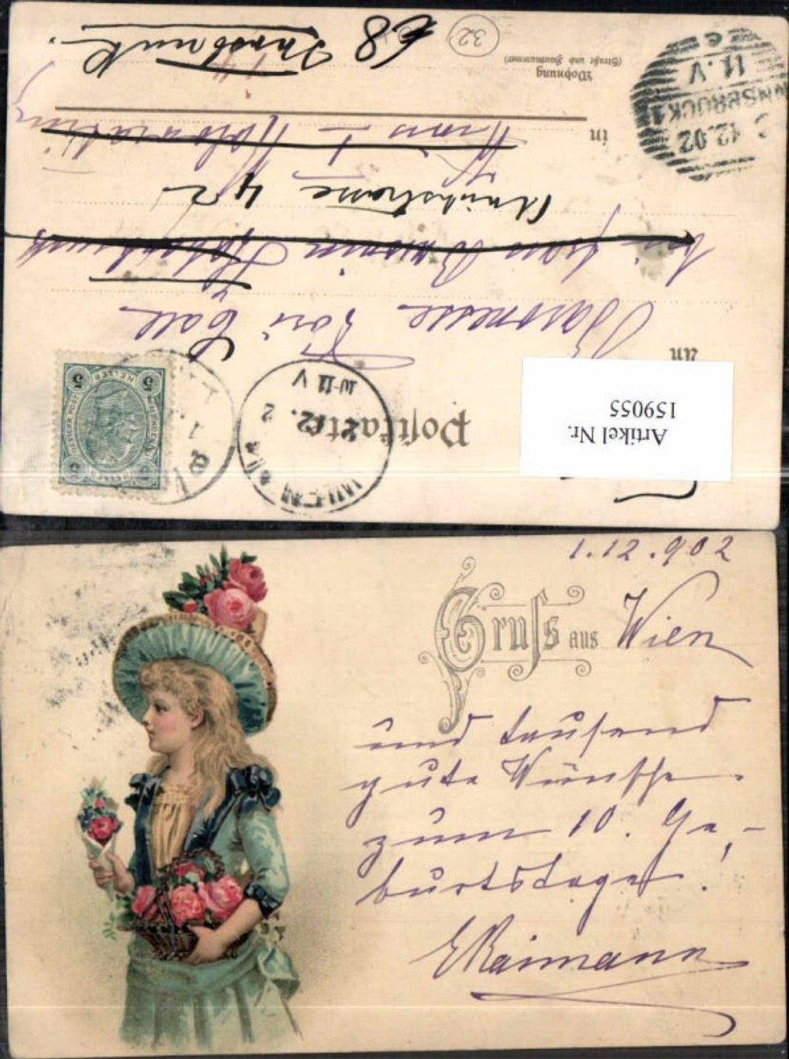 159055,Litho Gruss aus Frau m. Rosen Hut Blumen Korb 1902