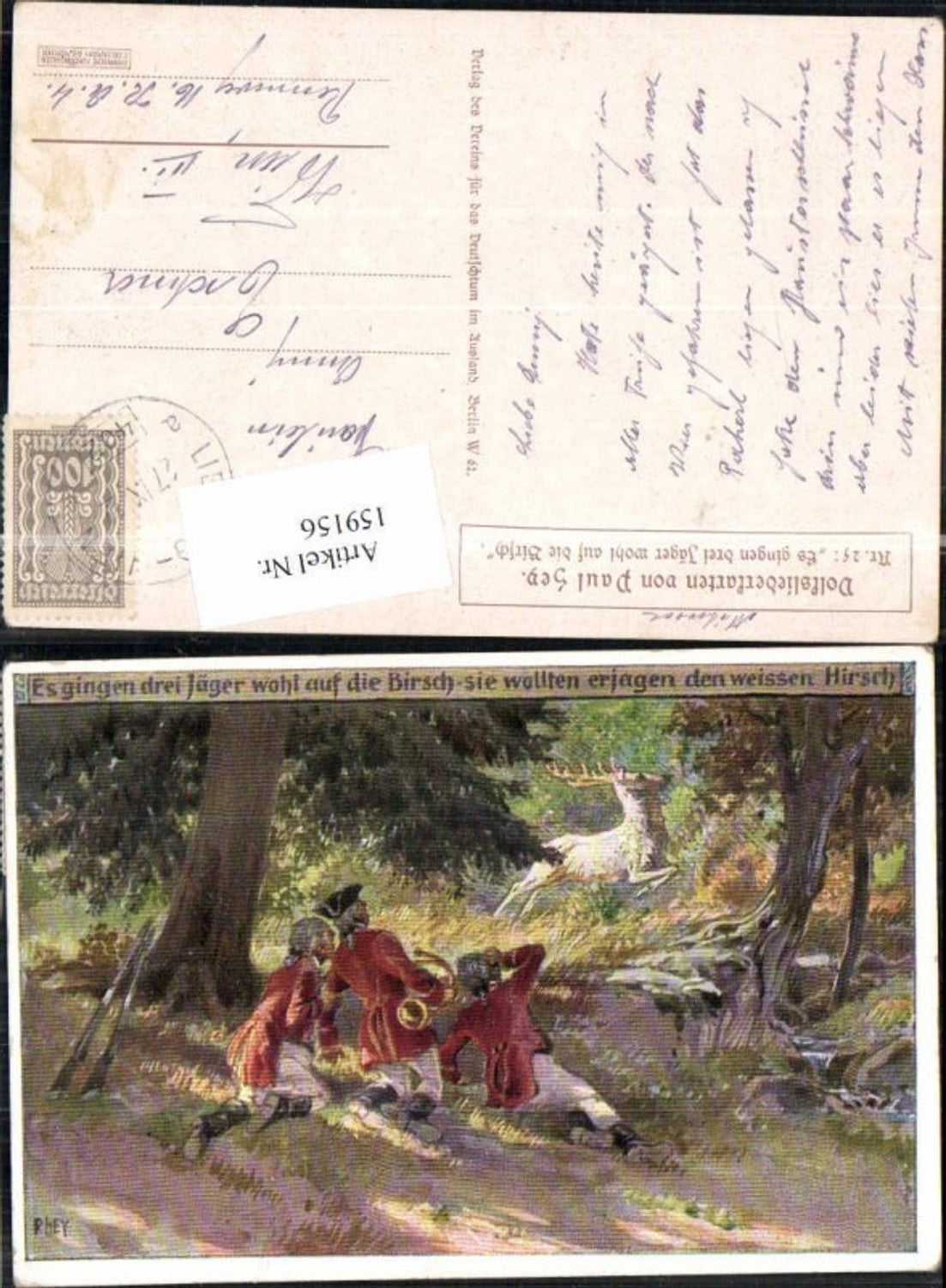 159156,Paul Hey Volksliederkarte 25 Drei Jäger Hirsch