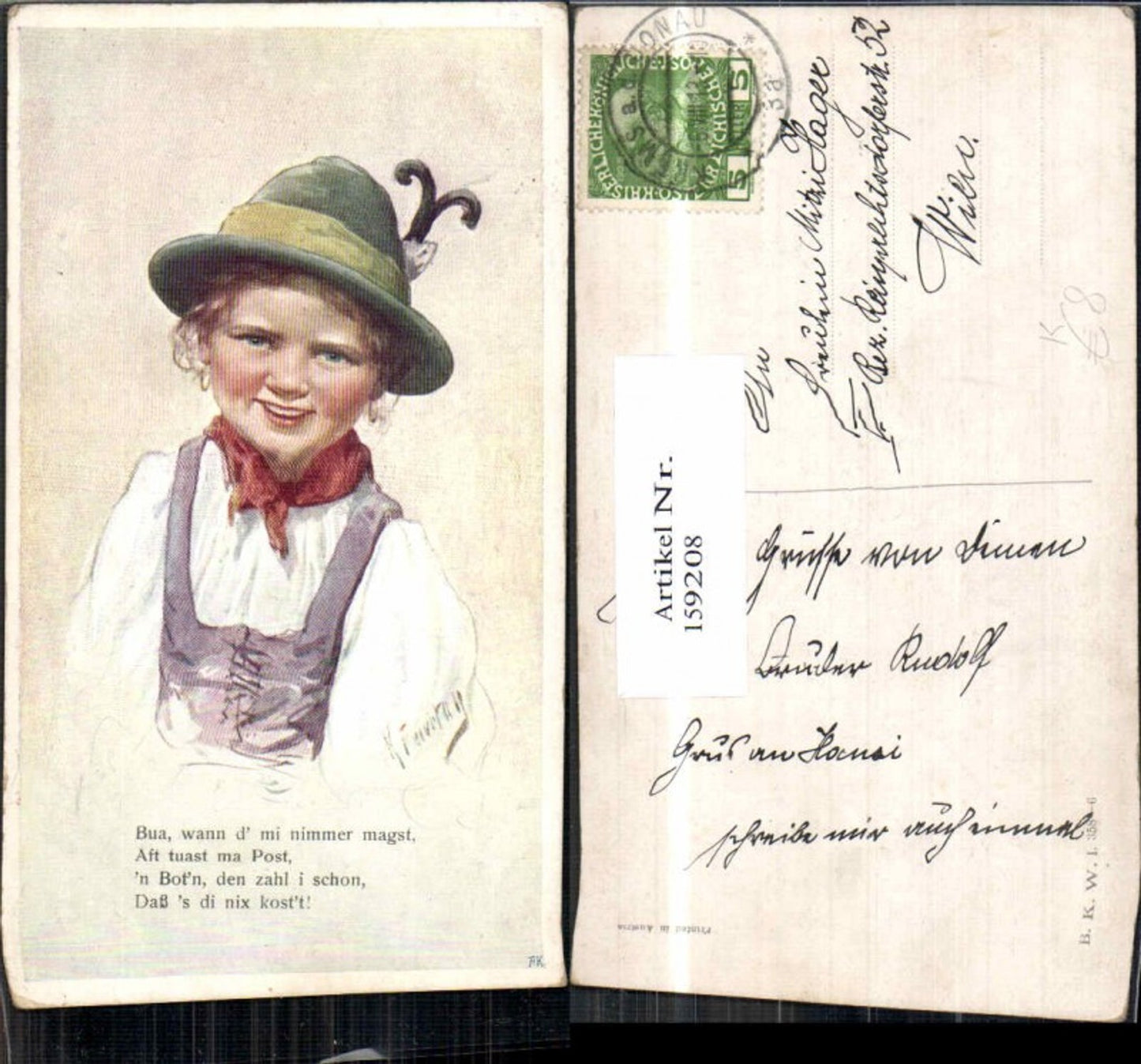159208,Karl Feiertag Mädchen Hut Tracht B.K.W.I 358-6