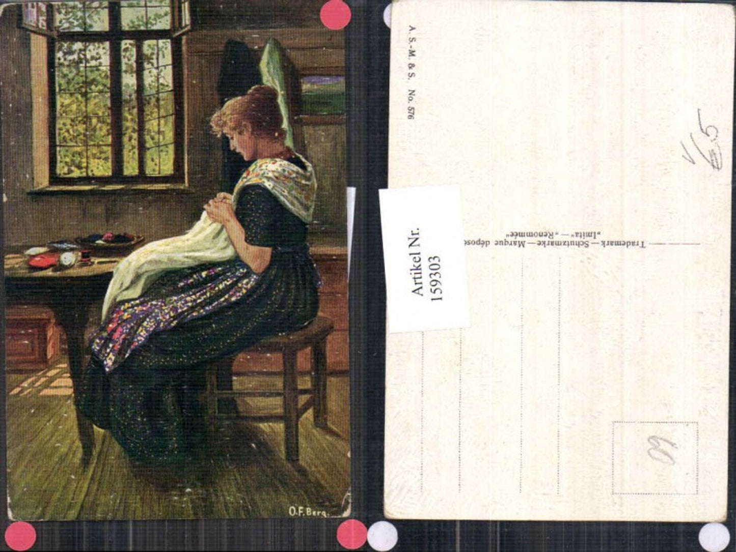 159303,A.S.M. Imita Ölgemälde Imitations Karte 576 O.F. Berg Frau näht in Stube