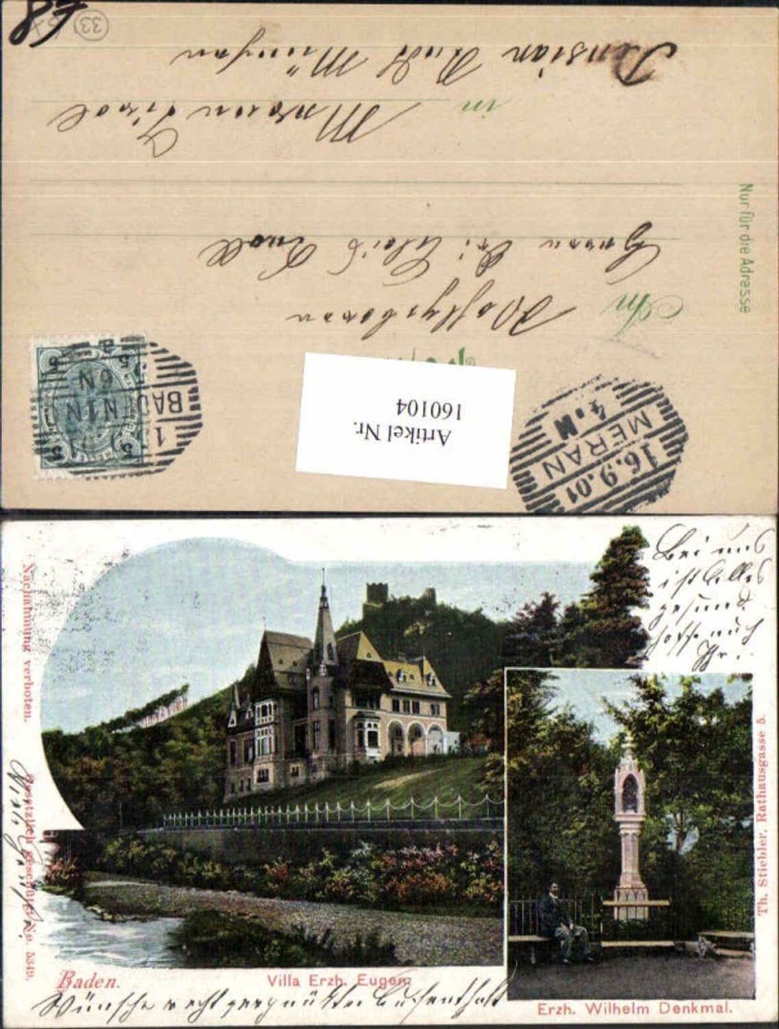 160104,Litho Baden bei Wien Villa Erzherzog Eugen Erzherzog Wilhelm Denkmal 1899