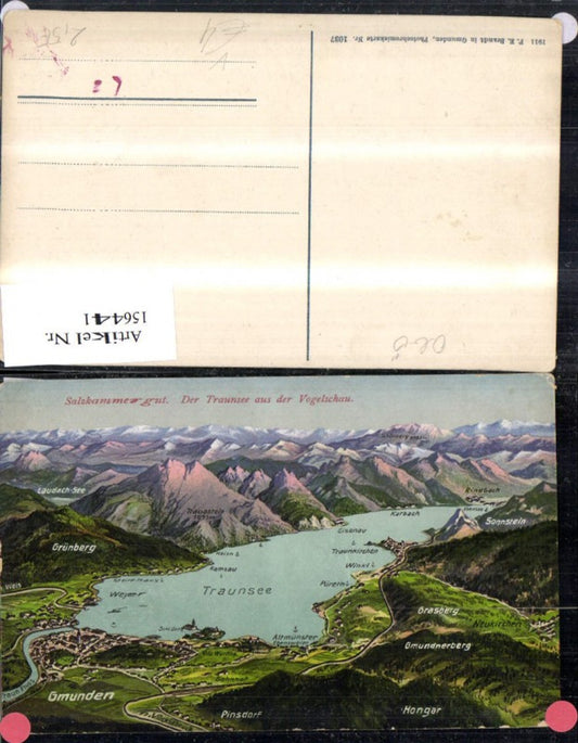 156441,Salzkammergut Traunsee a. d. Vogelschau Lagekarte pub F E Brandt 1037