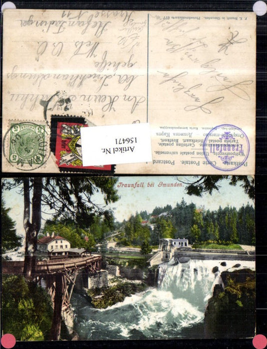 156471,Traunfall b. Gmunden Wehr Wasserfall Brücke Steyrermühl Roitham 1906 pub F E Brandt 677