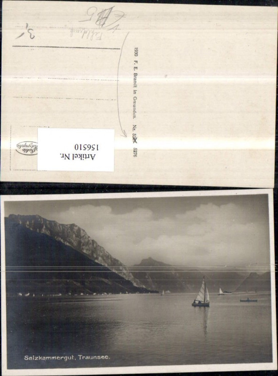 156510,Traunsee Ansicht m. Segelbooten pub F E Brandt 5276 Fehldruck d. Nummer 5267 falsch