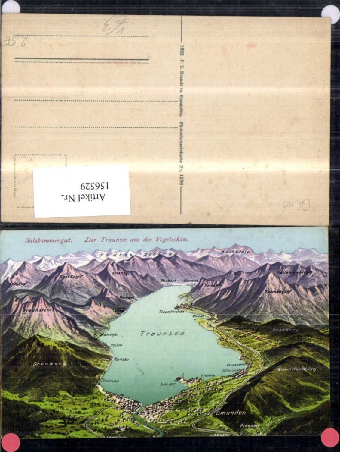 156529,Traunsee a. d. Vogelschau Salzkammergut Lagekarte pub F E Brandt 1296