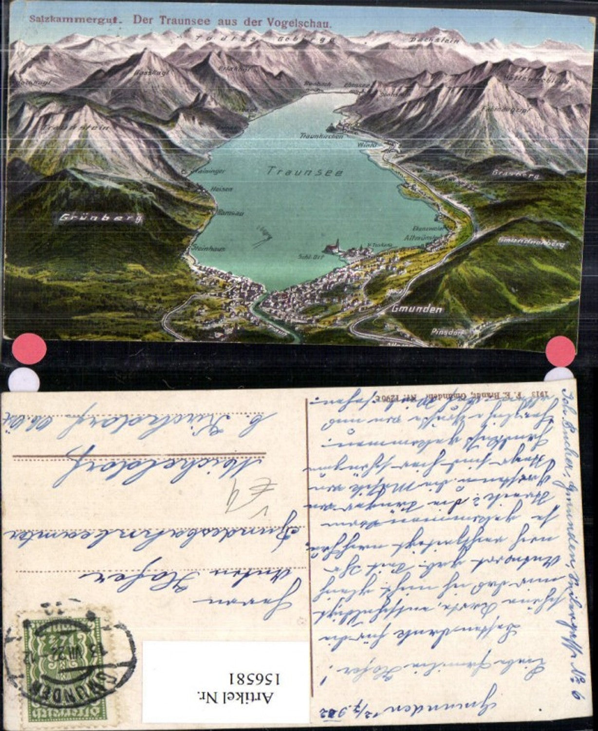 156581,Traunsee a. d. Vogelschau Salzkammergut Lagekarte 1922 pub F E Brandt 1296 c