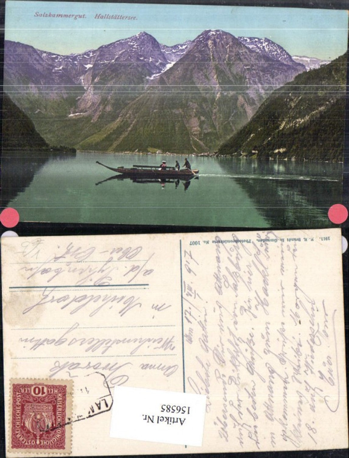 156585,Hallstättersee Hallstatt Salzkammergut Ansicht m. Ruderboot 1917 pub F E Brandt 1007