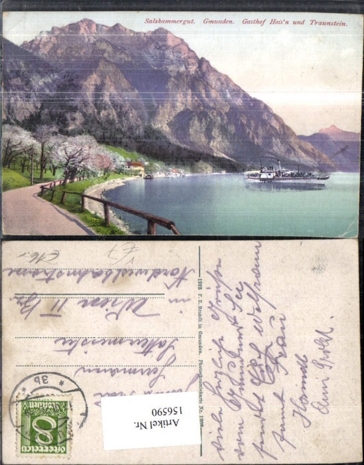 156590,Gmunden Gasthof Hoisn u. Traunstein Traunsee Ansicht m. Schiff Dampfer 1926 pub F E Brandt 1202
