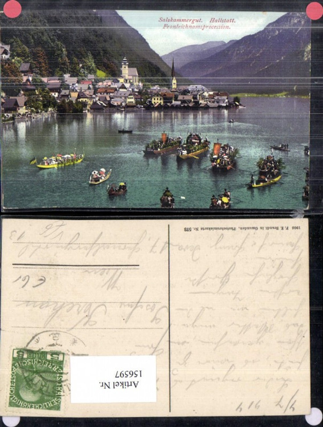 156597,Hallstatt Fronleichnamsprozession Boote Salzkammergut 1914 pub F E Brandt 573