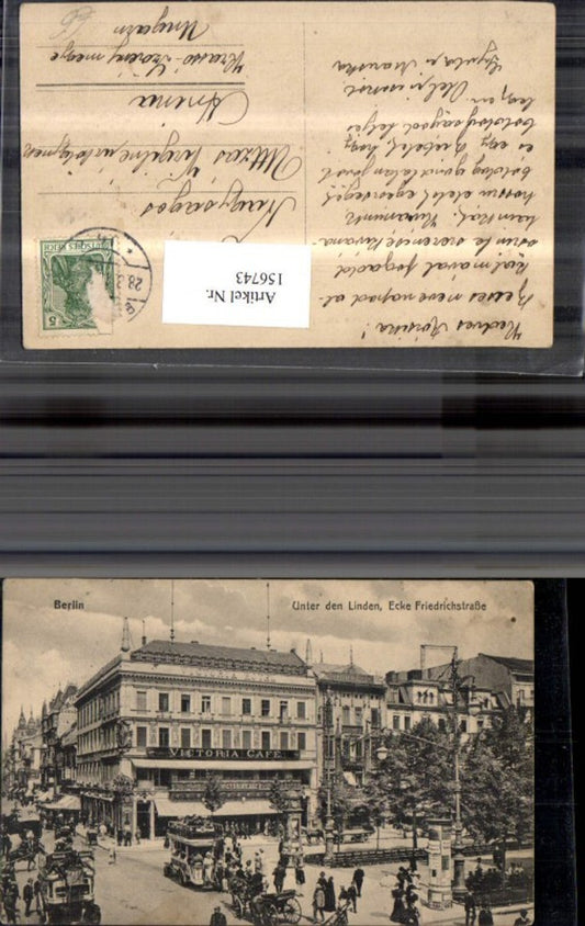 156743,Berlin Unter d. Linden Ecke Friedrichstasse Cafe Victoria Autobus Automobil Kutsche Litfaßsäule