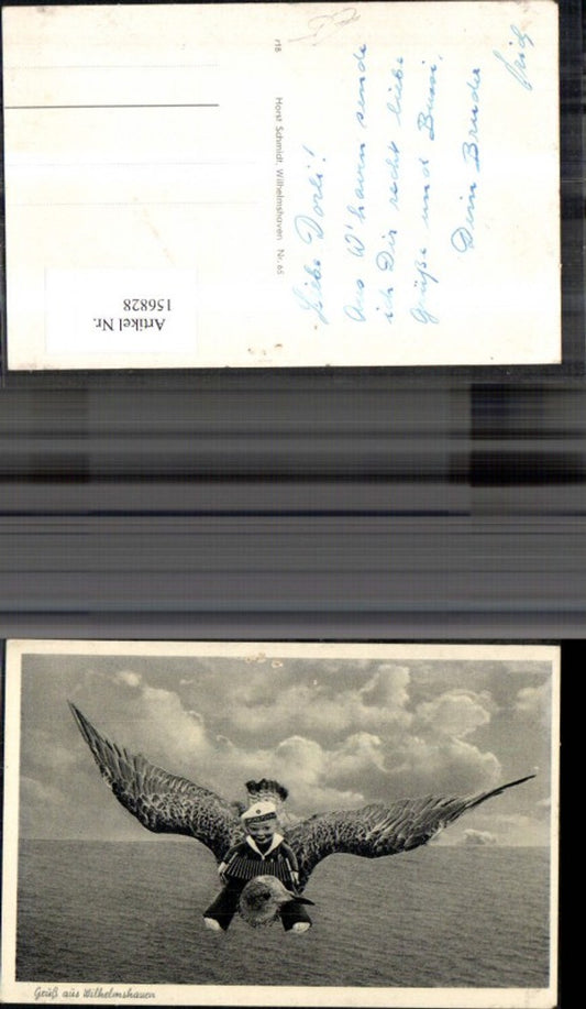 156828,Gruß a. Wilhelmshaven Fotomontage Matrosenpuppe fliegt a. Möwe Ziehharmonika