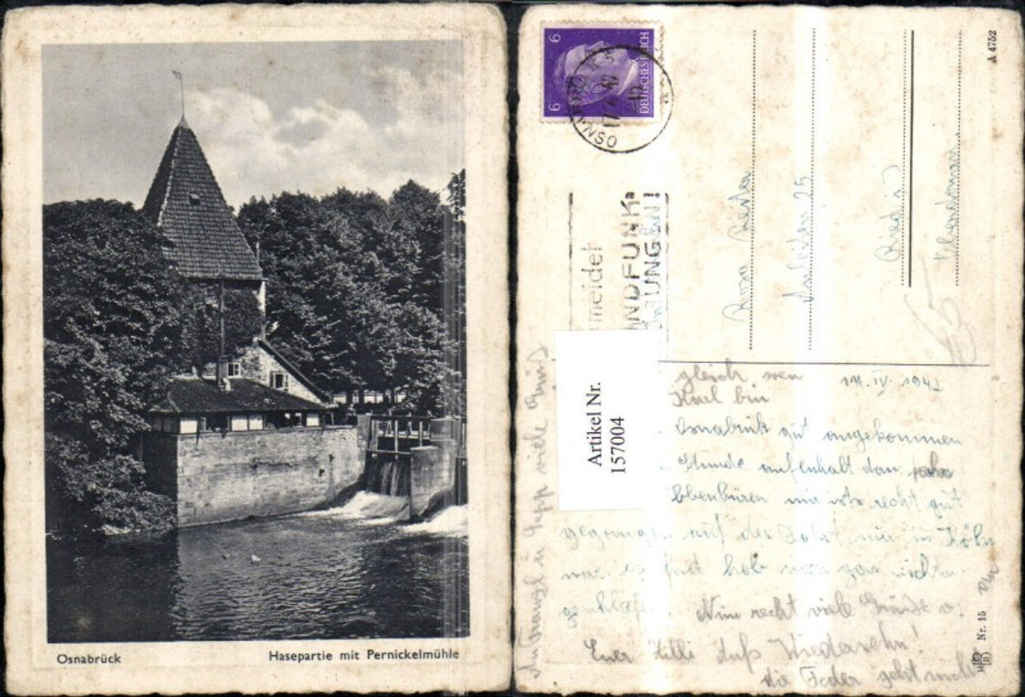 157004,Osnabrück Hasepartie m. Pernickelmühle Ansicht Wehr 1942