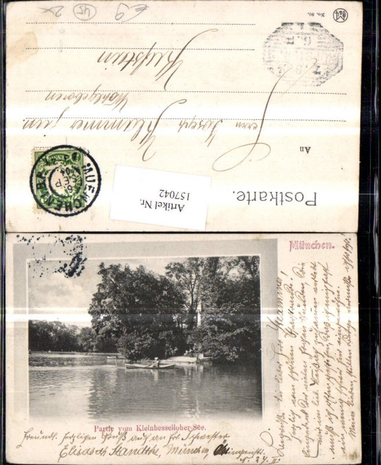 157042,München Partie v. Kleinhesselloher See Ansicht m. Ruderboot 1904
