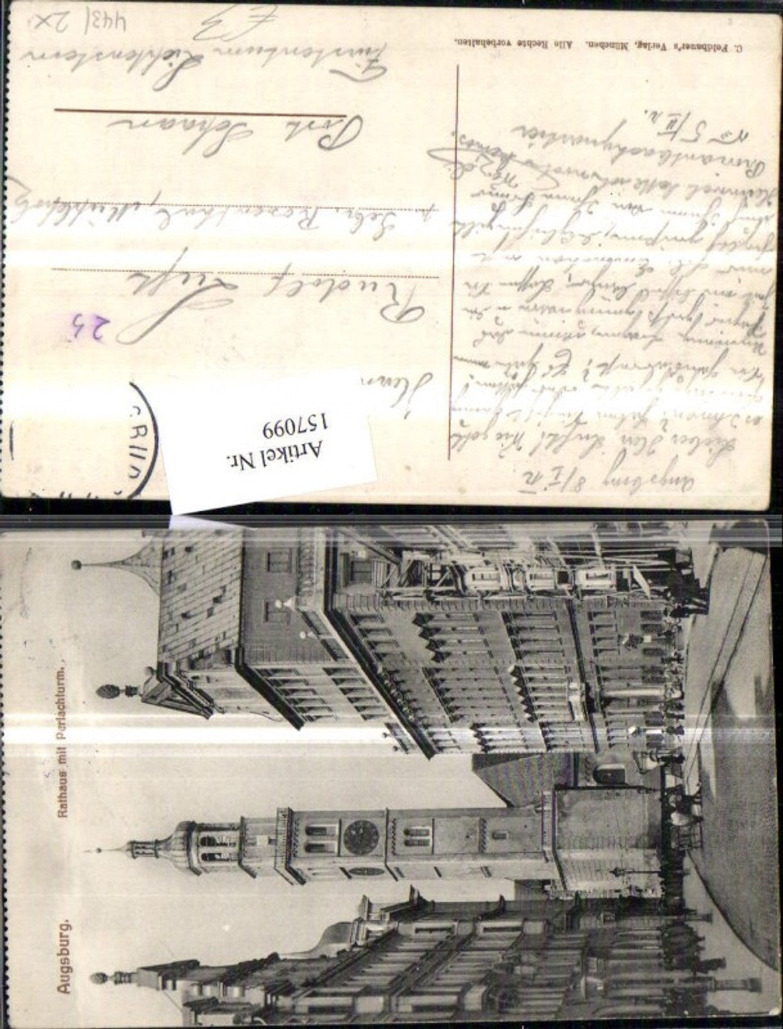 157099,Augsburg Rathaus m. Perlachturm Strassenansicht m. Personen 1912