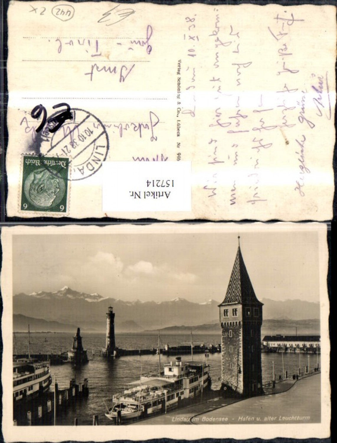 157214,Lindau i. Bodensee Hafen Alter Leuchtturm Schiff Dampfer 1938