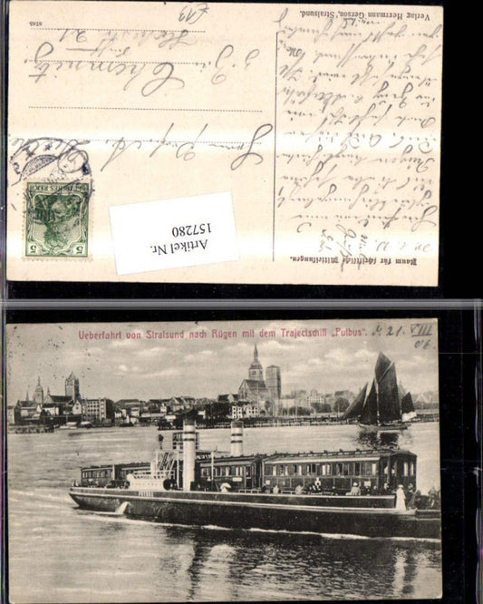 157280,Überfahrt v. Stralsund n. Rügen m. d. Trajectschiff Pulhus 1906 Schiff Dampfer