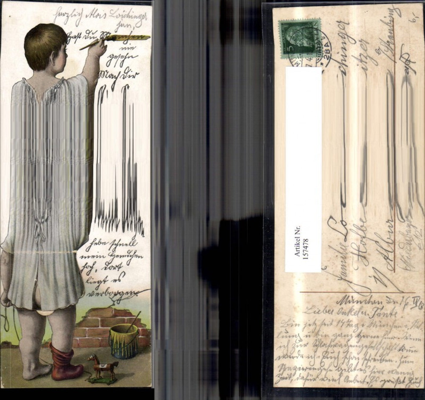 157478,München Juxkarte Leporello Junge b. Malen Maleimer Spielpferd Pinsel 1913