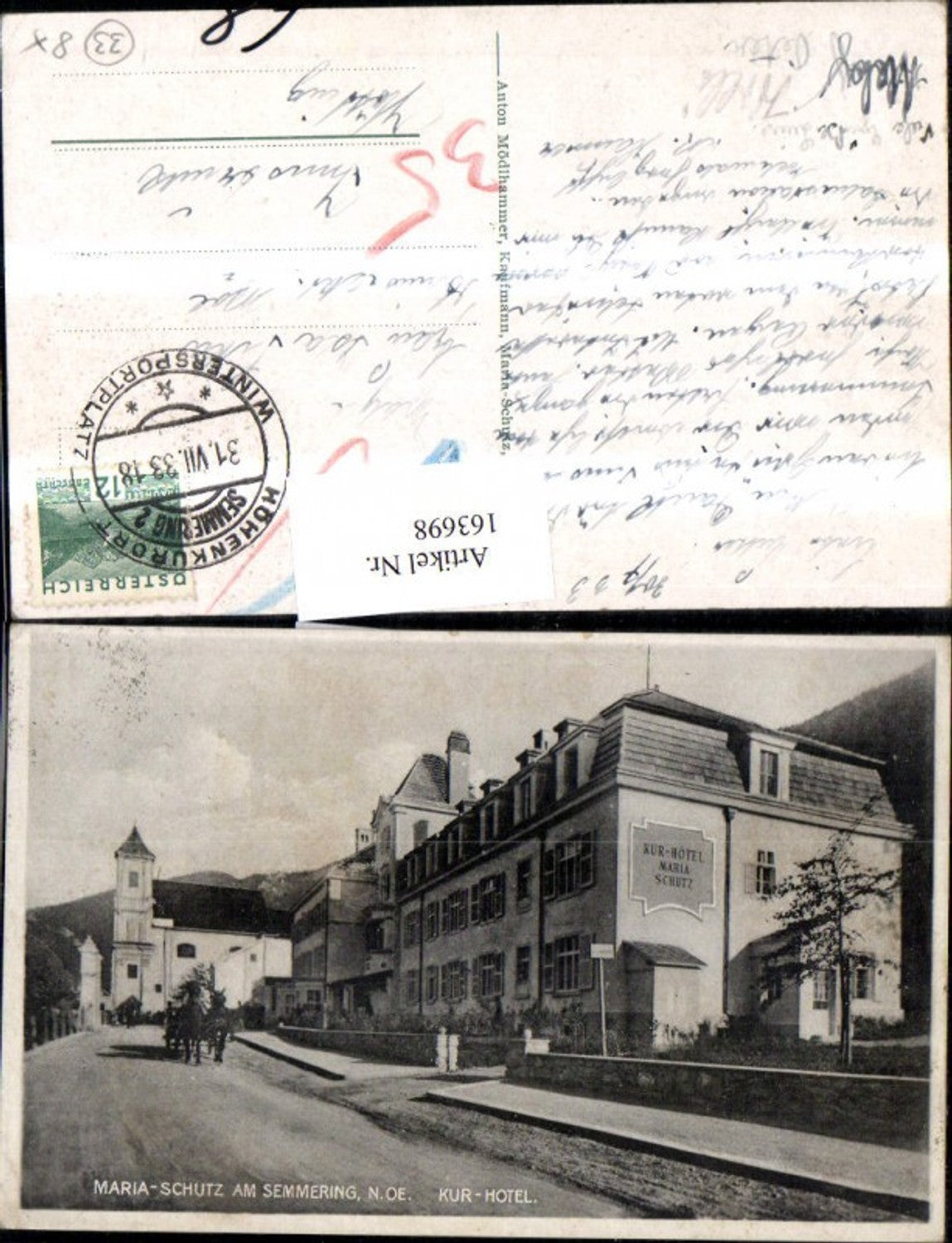 163698,Maria Schutz a. Semmering Kurhotel Strassenansicht m. Pferdekutsche 1933
